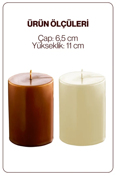2 Adet Silindir Dekoratif Kokusuz Krem Kahve Mum- Hediyelik Blok Mum - 4