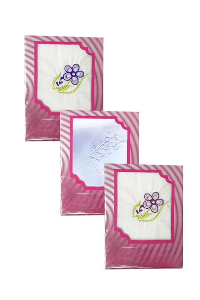 3’lü Özel Paket Premium Kadın İşlemeli Mendil Seti %100 Pamuk 28x28 Cm