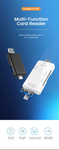 USB 2.0 6 in 1 Kart Okuyucu ve USB Çoklayıcı – Type-C, Micro USB, SD/TF Kart Desteği - 6