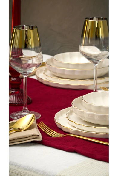 Farika Porselen Habbe 24 Parça 6 Kişilik Altın Yaldız Porselen Yemek Takımı - 2