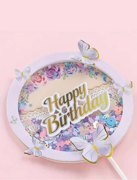 Pasta Üstü Dekoratif Çubuklu Happy Bırthday Kelebekli - 4