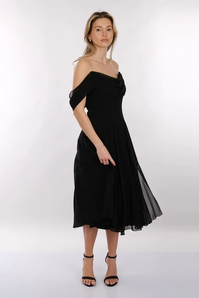 DORİDORCA Straplez Yırtmaçlı Şifon Midi Boy Kadın Abiye Elbise 2246081 - Resim 3