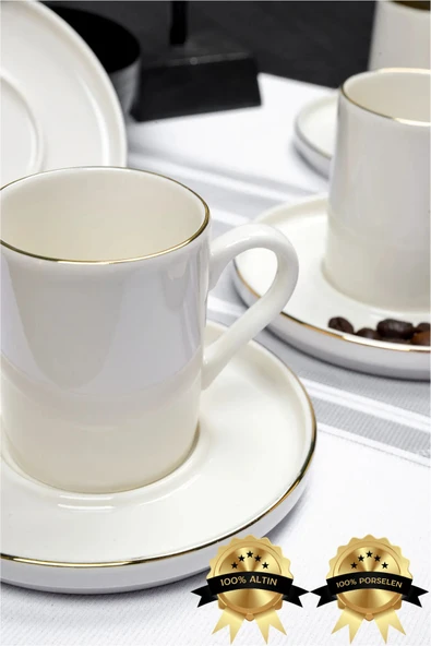 Farika Porselen Zühre 12 Parça 6 Kişilik Altın Yaldız Porselen Kahve Fincan Takımı