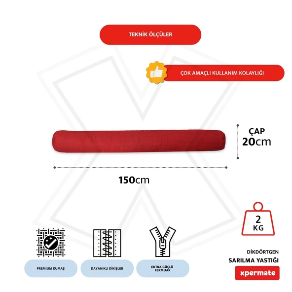 XPERMATE Sarılma Yastığı , Uyku Yastığı , Bacak Arası Yastığı Silindir 150x20 cm Kırmızı - Resim 2