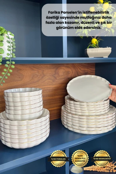 Farika Porselen Habbe 24 Parça 6 Kişilik Altın Yaldız Porselen Yemek Takımı - 5