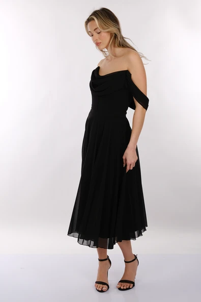 DORİDORCA Straplez Yırtmaçlı Şifon Midi Boy Kadın Abiye Elbise 2246081 - Resim 4