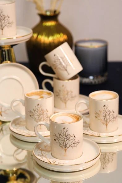 Farika Porselen Hayat Ağacı 12 Parça 6 Kişilik Altın Yaldız Porselen Kahve Fincan Takımı - 3