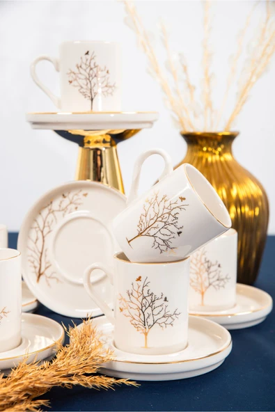 Farika Porselen Hayat Ağacı 12 Parça 6 Kişilik Altın Yaldız Porselen Kahve Fincan Takımı - 2