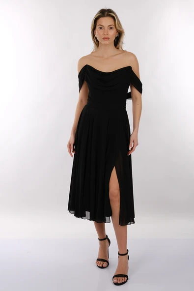 DORİDORCA Straplez Yırtmaçlı Şifon Midi Boy Kadın Abiye Elbise 2246081 - Resim 2