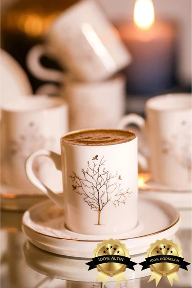 Farika Porselen Hayat Ağacı 12 Parça 6 Kişilik Altın Yaldız Porselen Kahve Fincan Takımı