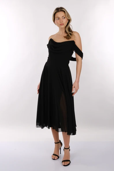 DORİDORCA Straplez Yırtmaçlı Şifon Midi Boy Kadın Abiye Elbise 2246081 - Resim 8