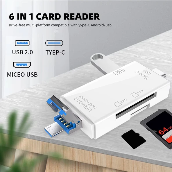 USB 2.0 6 in 1 Kart Okuyucu ve USB Çoklayıcı – Type-C, Micro USB, SD/TF Kart Desteği - 5