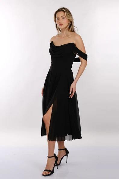 DORİDORCA Straplez Yırtmaçlı Şifon Midi Boy Kadın Abiye Elbise 2246081 - Resim 5