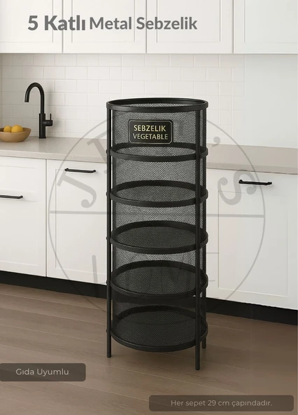 5 Katlı Sebzelik Açılır Metal Patates Soğan Sepeti Paslanmaz Meyvelik Organizer Sepet Siyah - 2
