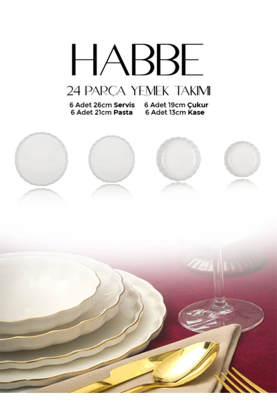 Farika Porselen Habbe 24 Parça 6 Kişilik Altın Yaldız Porselen Yemek Takımı - 4