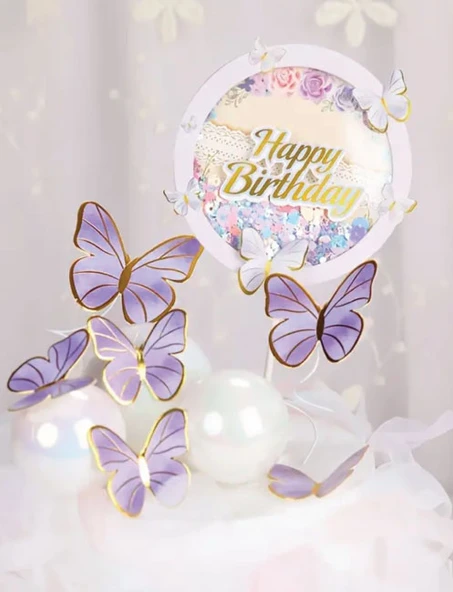 Pasta Üstü Dekoratif Çubuklu Happy Bırthday Kelebekli - 3