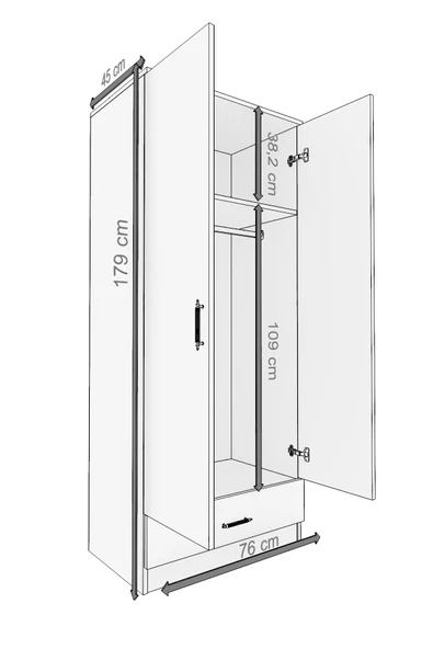 ABETE MOBİLYA 2 Kapılı 1 Çekmeceli Geniş Gardırop (ELBİSE DOLABI-YÜKLÜK-KİLER) / Atlantik Çam - 4