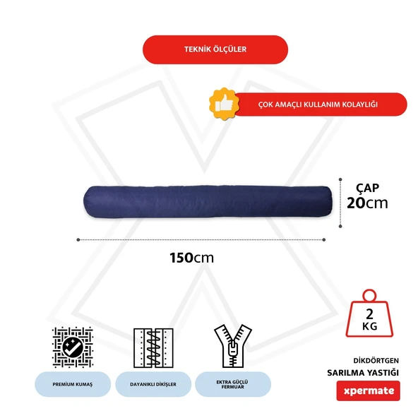 XPERMATE Sarılma Yastığı , Uyku Yastığı , Bacak Arası Yastığı Silindir 150x20 cm Lacivert - 2