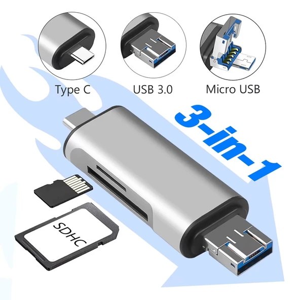 USB 2.0 3 in 1 Kart Okuyucu ve USB Çoklayıcı – Type-C, Micro USB, SD/TF Kart Desteği - 4