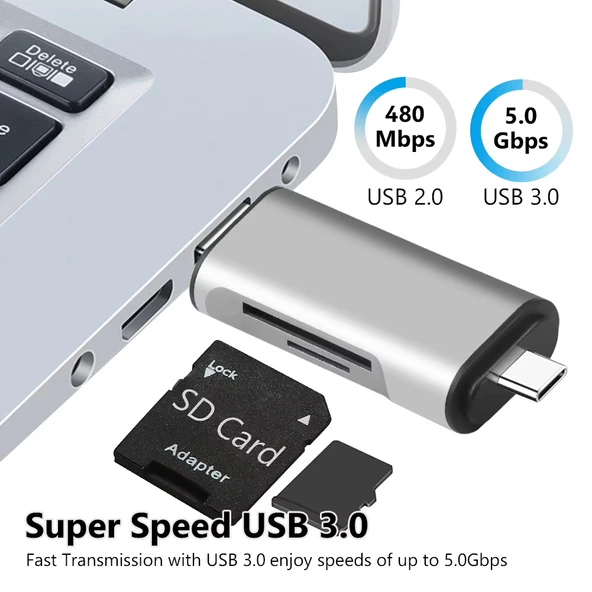 USB 2.0 3 in 1 Kart Okuyucu ve USB Çoklayıcı – Type-C, Micro USB, SD/TF Kart Desteği - 6
