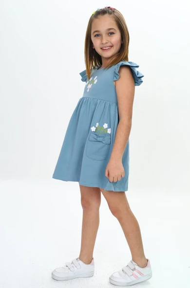 Toontoy Kız Çocuk Cepli Çiçek Baskılı Elbise - Resim 8
