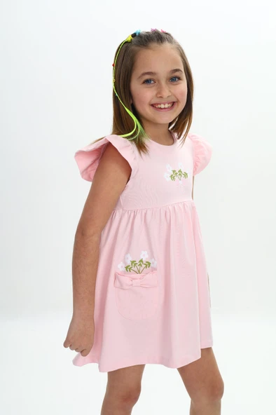 Toontoy Kız Çocuk Cepli Çiçek Baskılı Elbise - Resim 12