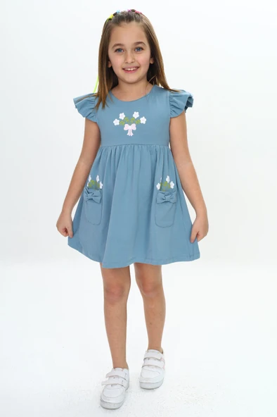 Toontoy Kız Çocuk Cepli Çiçek Baskılı Elbise - Resim 6