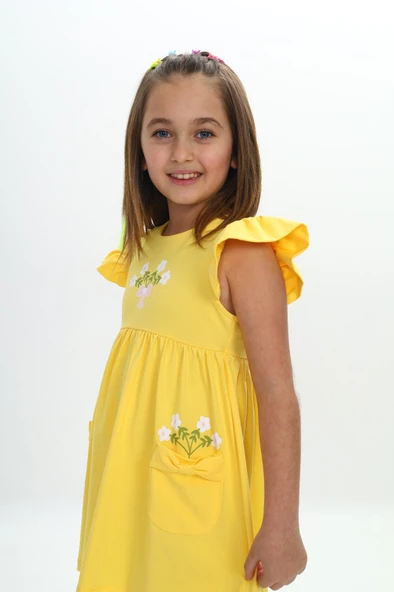 Toontoy Kız Çocuk Cepli Çiçek Baskılı Elbise - Resim 4
