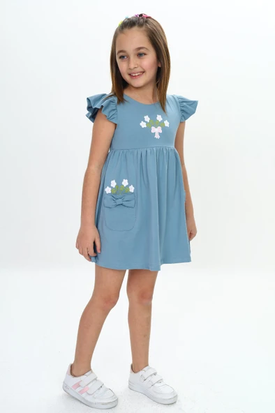 Toontoy Kız Çocuk Cepli Çiçek Baskılı Elbise - Resim 7
