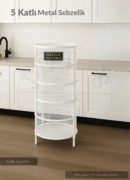 5 Katlı Sebzelik Açılır Metal Patates Soğan Sepeti Paslanmaz Meyvelik Organizer Sepet Beyaz - 2