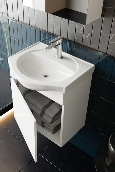 Karen Banyo Fulya 50 Cm Mdf Lavabolu Aynalı Banyo Dolabı Seti Seramik Lavabo Dahil Beyaz Mdf - 2