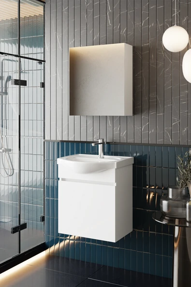 Karen Banyo Fulya 50 Cm Mdf Lavabolu Aynalı Banyo Dolabı Seti Seramik Lavabo Dahil Beyaz Mdf