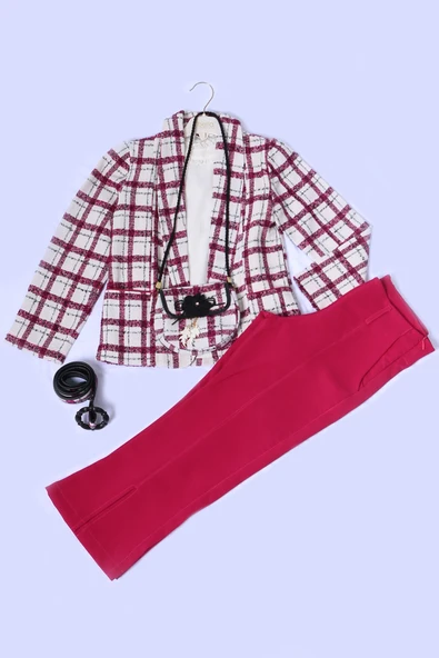 KIZ ÇOCUK 3 LÜ TAKIM CEKETLİ ÇANTA HEDİYELİ EKOSE DESENLİ A64 - 2