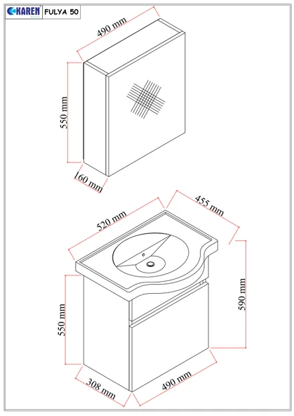 Karen Banyo Fulya 50 Cm Mdf Lavabolu Aynalı Banyo Dolabı Seti Seramik Lavabo Dahil Beyaz Mdf - 3