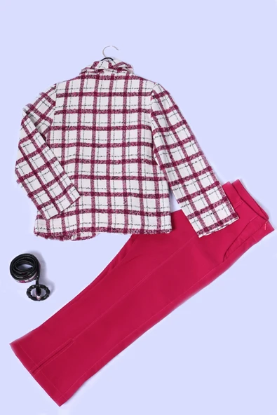 KIZ ÇOCUK 3 LÜ TAKIM CEKETLİ ÇANTA HEDİYELİ EKOSE DESENLİ A64 - 3