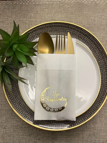 Gold Yaldızlı Beyaz Kumaş Dokulu İyi Bayramlar Cepli Peçete 6 Adet ürün görseli 1