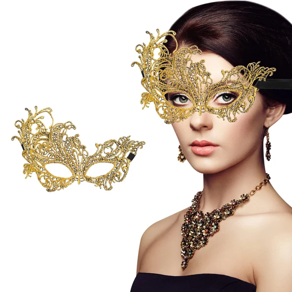 KENPAZAR Altın Renk Dantel Maske Dantelli Parti Maskesi 16 No - 1
