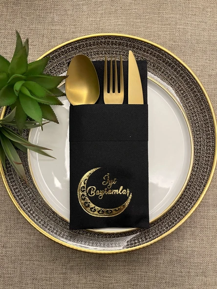 Gold Yaldızlı Siyah Kumaş Hissi Dokulu İyi Bayramlar Cepli Peçete 6 Adet ürün görseli 1