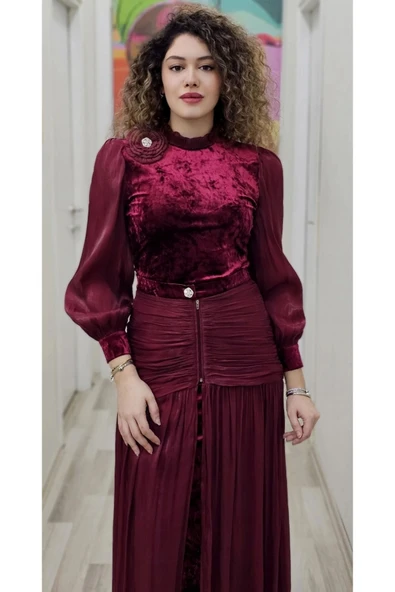 Çiçek Detaylı Çıkarılabilir Etekli Kadife Abiye 2752-Bordo - 2
