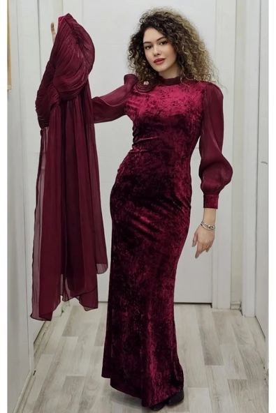 Çiçek Detaylı Çıkarılabilir Etekli Kadife Abiye 2752-Bordo - 3