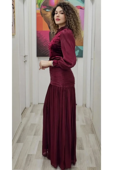 Çiçek Detaylı Çıkarılabilir Etekli Kadife Abiye 2752-Bordo - 5