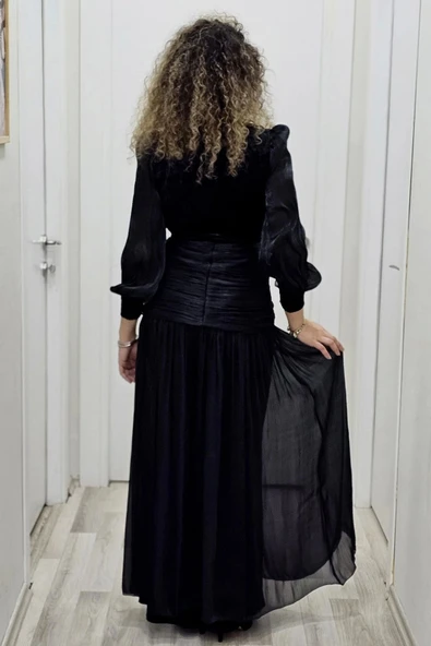 Çiçek Detaylı Çıkarılabilir Etekli Kadife Abiye 2752-Siyah - Resim 5