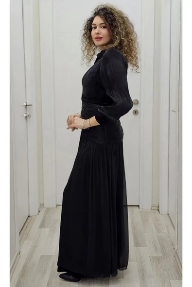 Çiçek Detaylı Çıkarılabilir Etekli Kadife Abiye 2752-Siyah - Resim 4