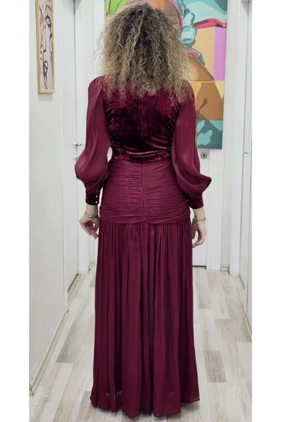 Çiçek Detaylı Çıkarılabilir Etekli Kadife Abiye 2752-Bordo - 6