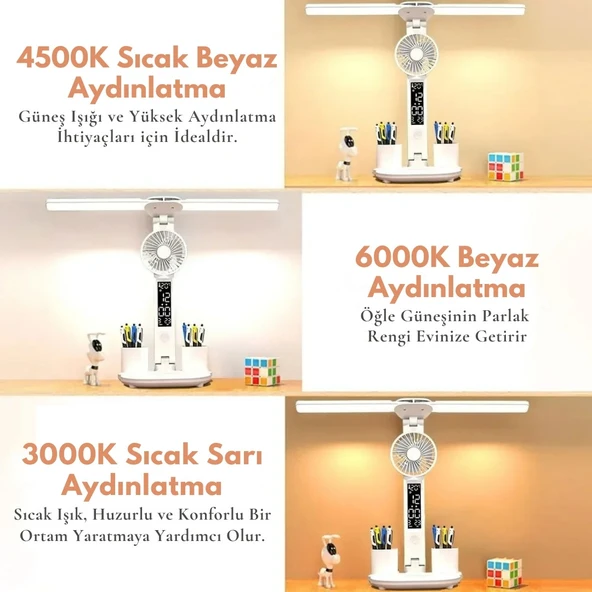 TechTic 6in1 Fanlı 2Başlı Masa Lambası Saat Takvim Derece Kalemlik Şarjlı Masaüstü Fanlı Şarjlı Işık - 3