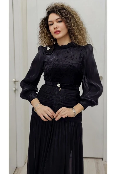 Çiçek Detaylı Çıkarılabilir Etekli Kadife Abiye 2752-Siyah - Resim 3