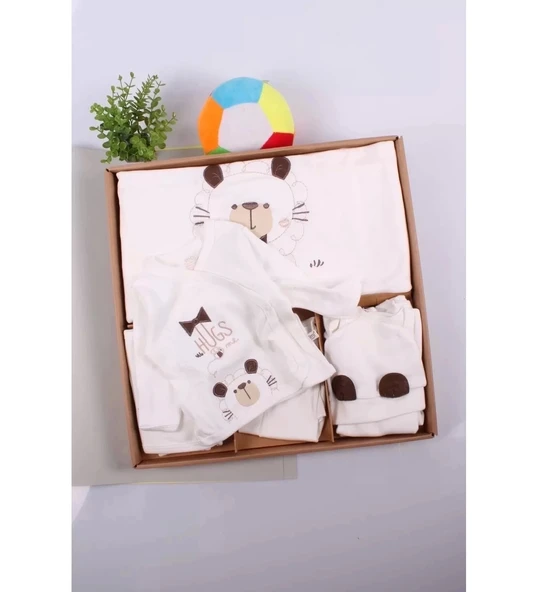 Ayıcık Desenli 10 Parça Kutulu %100 Pamuk Erkek Bebek Hastane Çıkışı - Resim 4