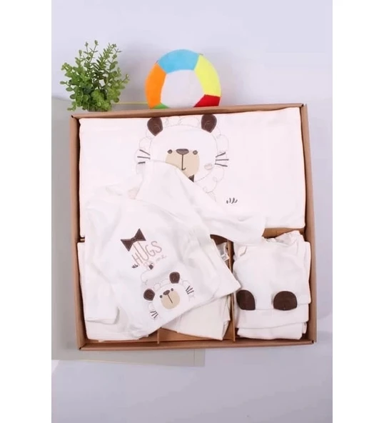 Ayıcık Desenli 10 Parça Kutulu %100 Pamuk Erkek Bebek Hastane Çıkışı - Resim 6