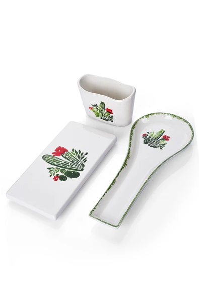 Piatti Naturali 3 parça Mutfak Seti Kaktüs Desen Kaşıklık Kaşık Altlığı Süngerlik Yağdanlık - 2