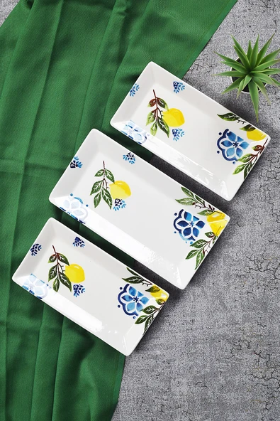 Piatti Naturali 3 parça Limon Desen Handmade Seramik Kahvaltı Salata Sunum Çerezlik Seti Kayık Tabak Seti